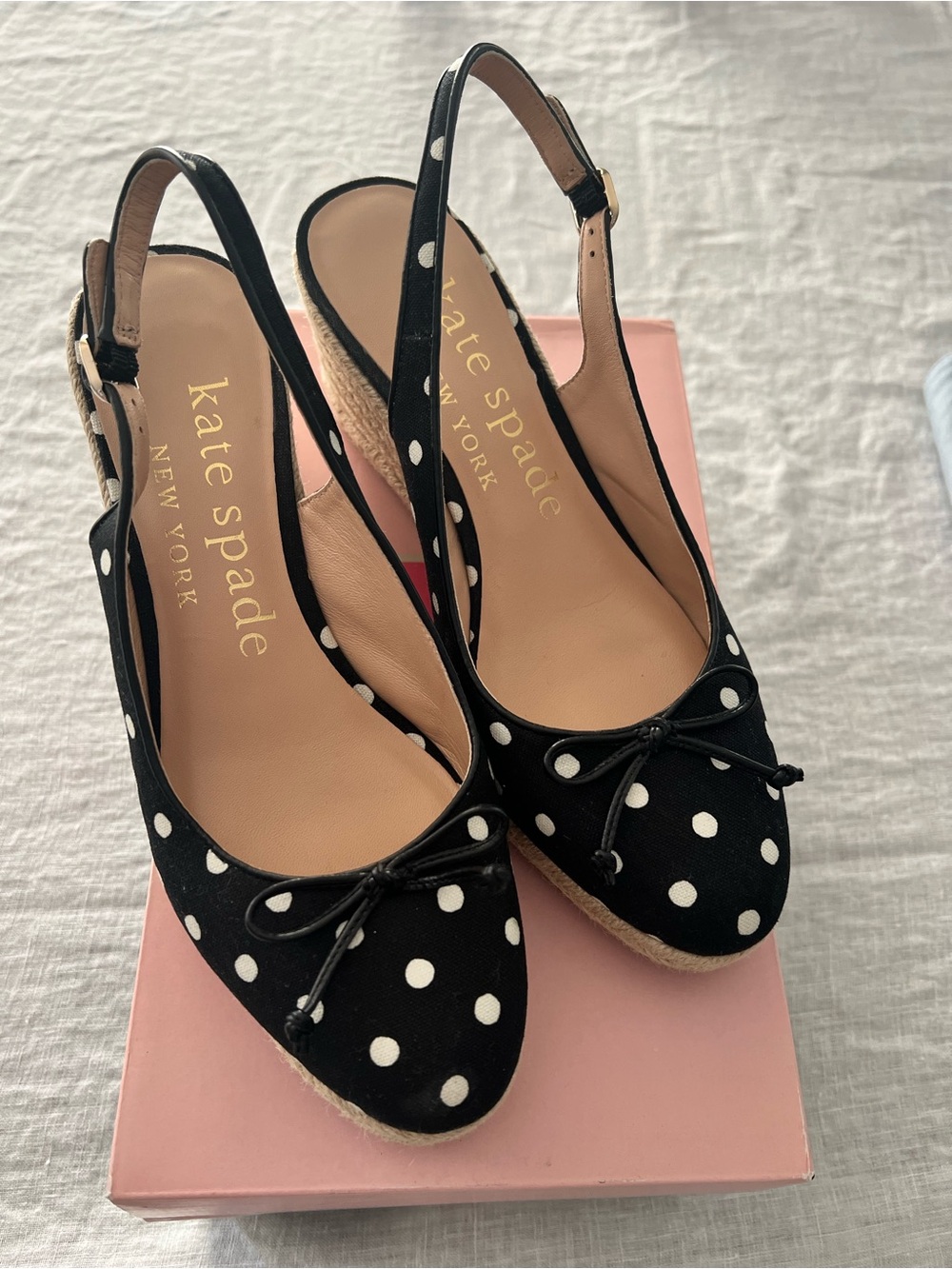 kate spade Black and White Polka Dot Slingback Espadrille Wedges
